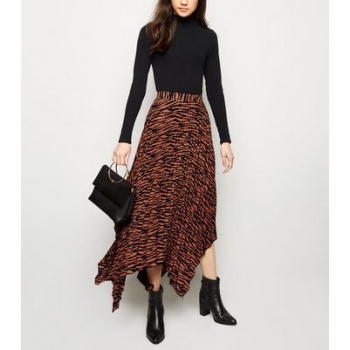 Brown Zebra Print Hanky Hem Pleated Midi Skirt