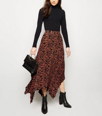 Brown Zebra Print Hanky Hem Pleated Midi Skirt