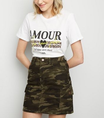 Khaki Camo Utility Pocket Denim Skirt