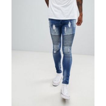 boohooMAN skinny biker jeans in blue wash