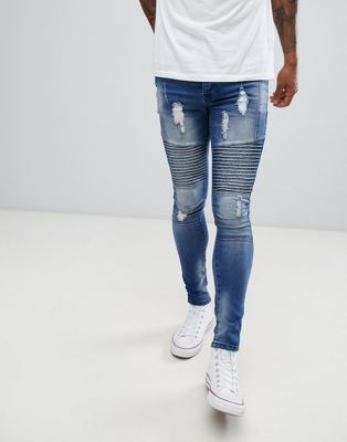 boohooMAN skinny biker jeans in blue wash