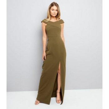 AX Paris Olive Green Bardot Neck Slip Side Maxi Dress