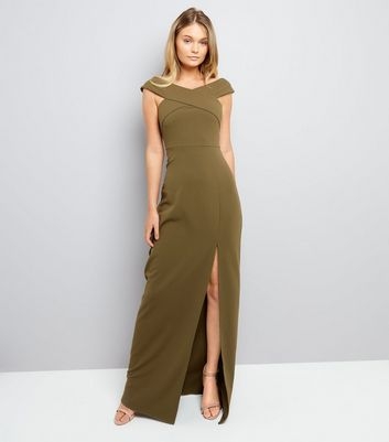 AX Paris Olive Green Bardot Neck Slip Side Maxi Dress