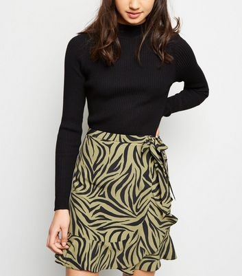 Khaki Zebra Print Asymmetric Frill Mini Skirt