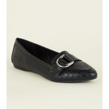 Wide Fit Black Faux Croc D-Ring Loafer