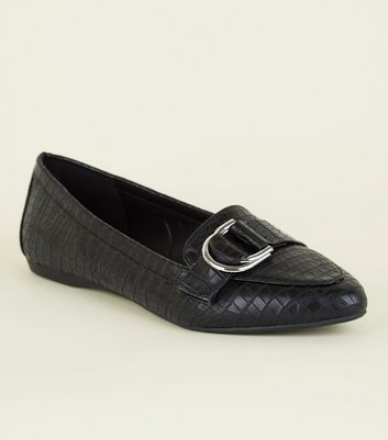 Wide Fit Black Faux Croc D-Ring Loafer