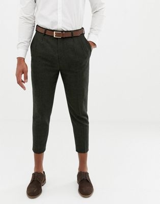 Twisted Tailor tapered fit trouser with pleat in khaki herringbone