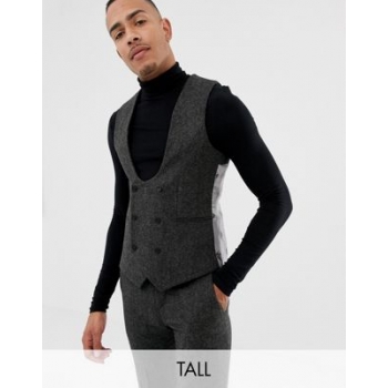 Twisted Tailor super skinny waistcoat in charcoal donegal tweed