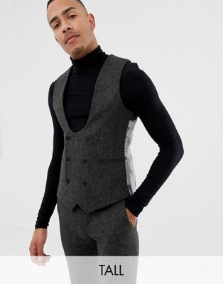 Twisted Tailor super skinny waistcoat in charcoal donegal tweed