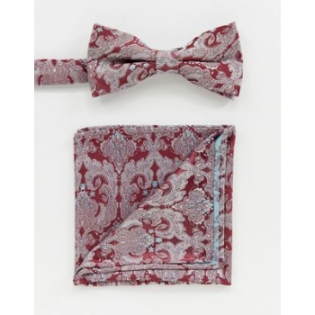 Twisted Tailor bow tie and pocket square set in burgundy paisley jacquard