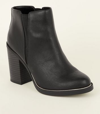 Black Metal Trim Block Heel Ankle Boots