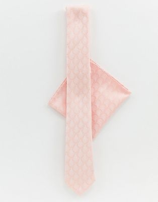 Twisted Tailor tie and pocket square set in light pink jacquard