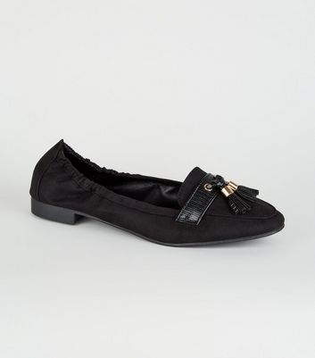 Wide Fit Black Square Toe Tassel Loafers