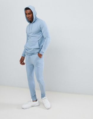 ASOS DESIGN Tracksuit Muscle Hoodie / Extreme Super Skinny Joggers In Light Blue