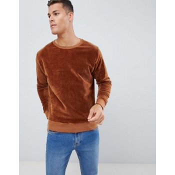 Celio velour crew neck jumper in brown