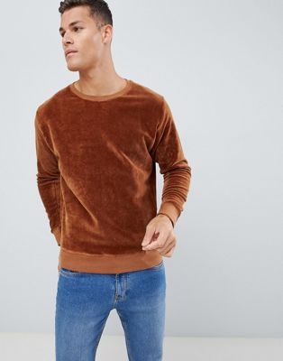 Celio velour crew neck jumper in brown