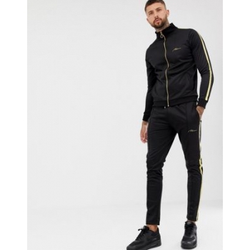 boohooMAN gold embroidered funnel neck tricot tracksuit in black