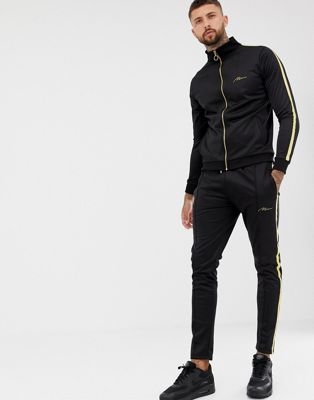 boohooMAN gold embroidered funnel neck tricot tracksuit in black