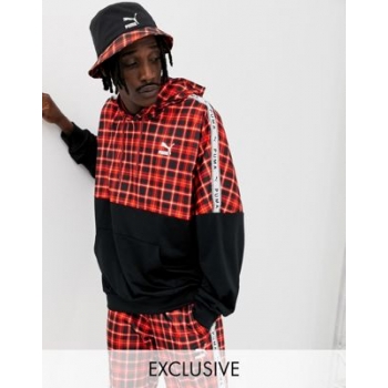 Puma recycled polyester check hoodie in red Exclusive at ASOS