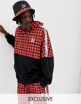 Puma recycled polyester check hoodie in red Exclusive at ASOS