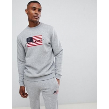 boohooMAN sweat with American flag in grey