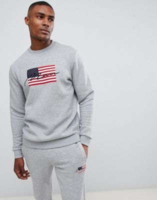 boohooMAN sweat with American flag in grey