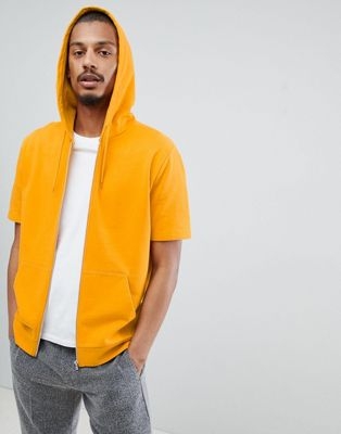 ASOS DESIGN zip up hoodie with short sleeves in yellow