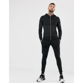 ASOS DESIGN poly tricot tracksuit zip up muscle hoodie/skinny joggers in black