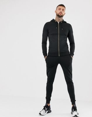 ASOS DESIGN poly tricot tracksuit zip up muscle hoodie/skinny joggers in black