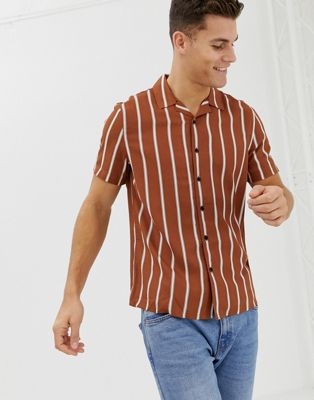 New Look regular fit viscose stripe shirt with revere collar in rust