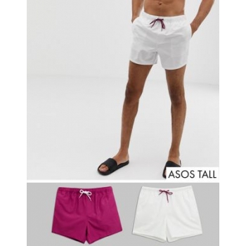 ASOS DESIGN Tall swim shorts in purple & white short length save