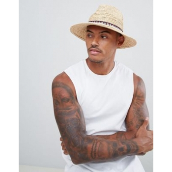 ASOS DESIGN straw pork pie hat in natural with aztec fringed band