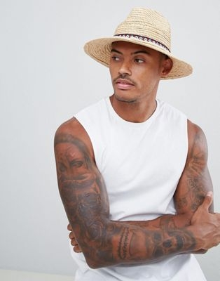 ASOS DESIGN straw pork pie hat in natural with aztec fringed band