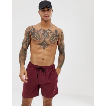 ASOS DESIGN swim shorts in burgundy mid length