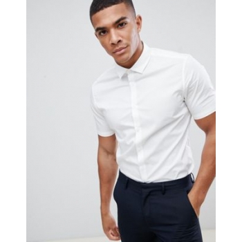 ASOS DESIGN stretch slim formal work shirt with short sleeves in white