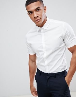 ASOS DESIGN stretch slim formal work shirt with short sleeves in white