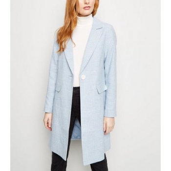 Pale Blue Houndstooth Check Print Longline Coat