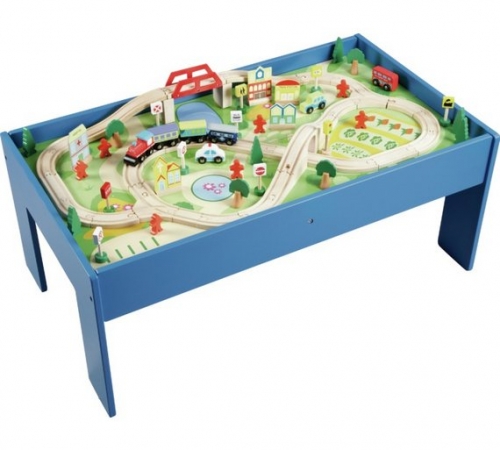 Chad Valley Wooden Table and 90 Piece Train Set