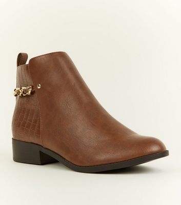 Tan Faux Croc Panel Chain Ankle Boots