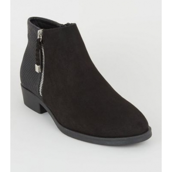 Black Suedette Plait Zip Flat Ankle Boots