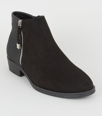 Black Suedette Plait Zip Flat Ankle Boots