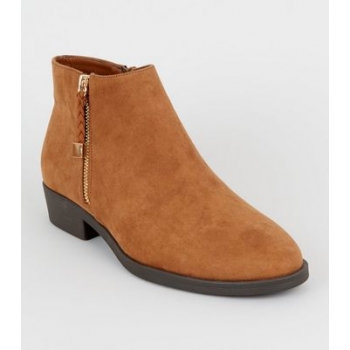 Tan Suedette Plait Zip Flat Ankle Boots