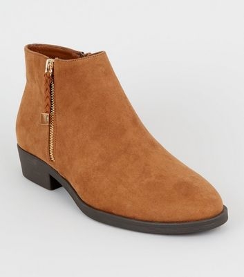 Tan Suedette Plait Zip Flat Ankle Boots