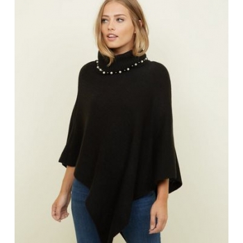 Mela Black Beaded Roll Neck Knitted Poncho