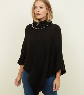 Mela Black Beaded Roll Neck Knitted Poncho