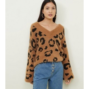 Brown Leopard Print Fluffy Knit Jumper