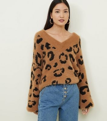 Brown Leopard Print Fluffy Knit Jumper