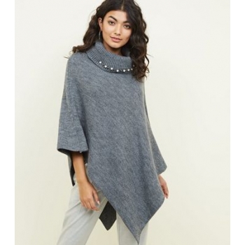 Mela Grey Beaded Roll Neck Knitted Poncho