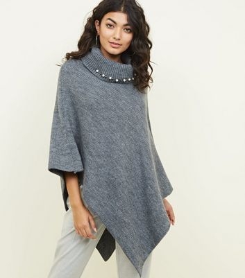 Mela Grey Beaded Roll Neck Knitted Poncho