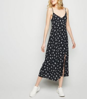 Black Floral Print Side Split Midi Dress